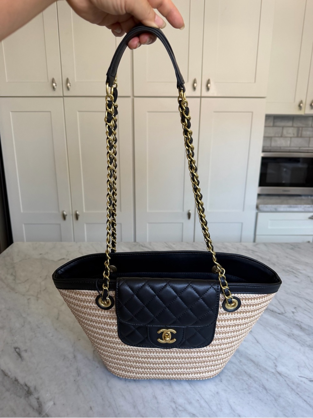 Chanel Logo Black Quilted Lambskin Flap and Straw Tote Bag - Picture 7 of 9